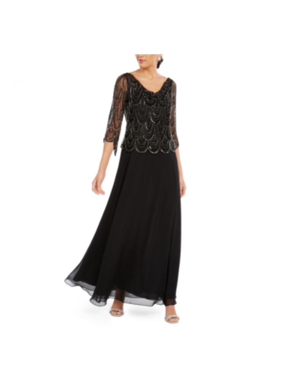 JKara Black Evening Gown Beaded Chiffon Long Sleeve A-Line Formal Dress Size 6